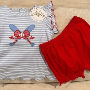 Islttex Girls' Baseball Light Blue Stripe Top & Red Shorts Matching Set